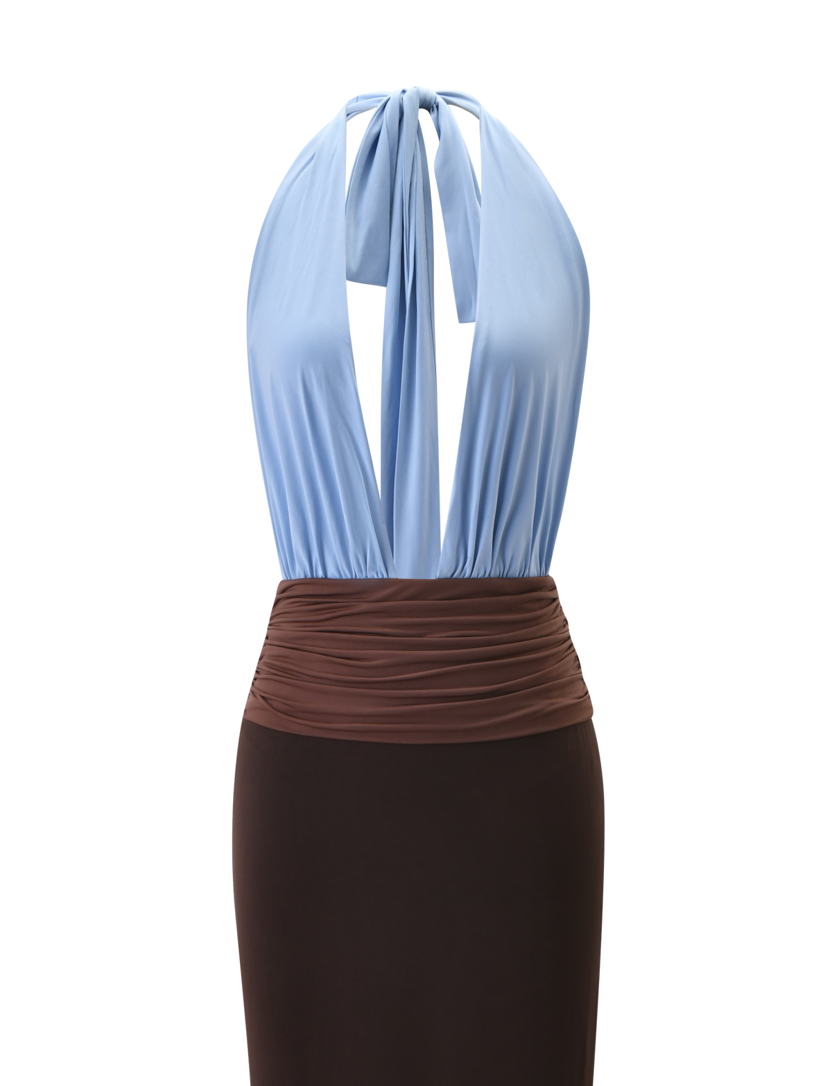 JENNI PLUNGE MAXI DRESS - BLUE AND BROWN