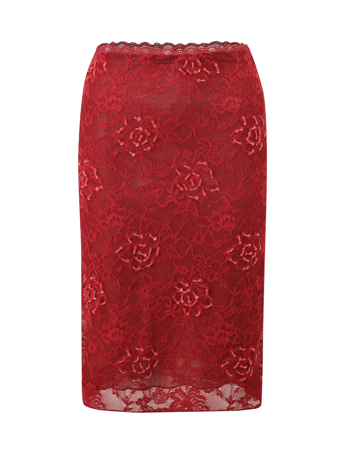 KIRRA BEADED SEQUIN LACE MIDI SKIRT - RED