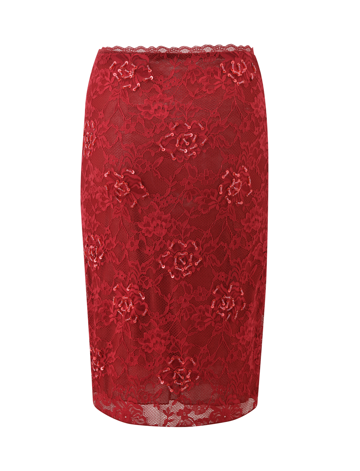 KIRRA BEADED SEQUIN LACE MIDI SKIRT - RED